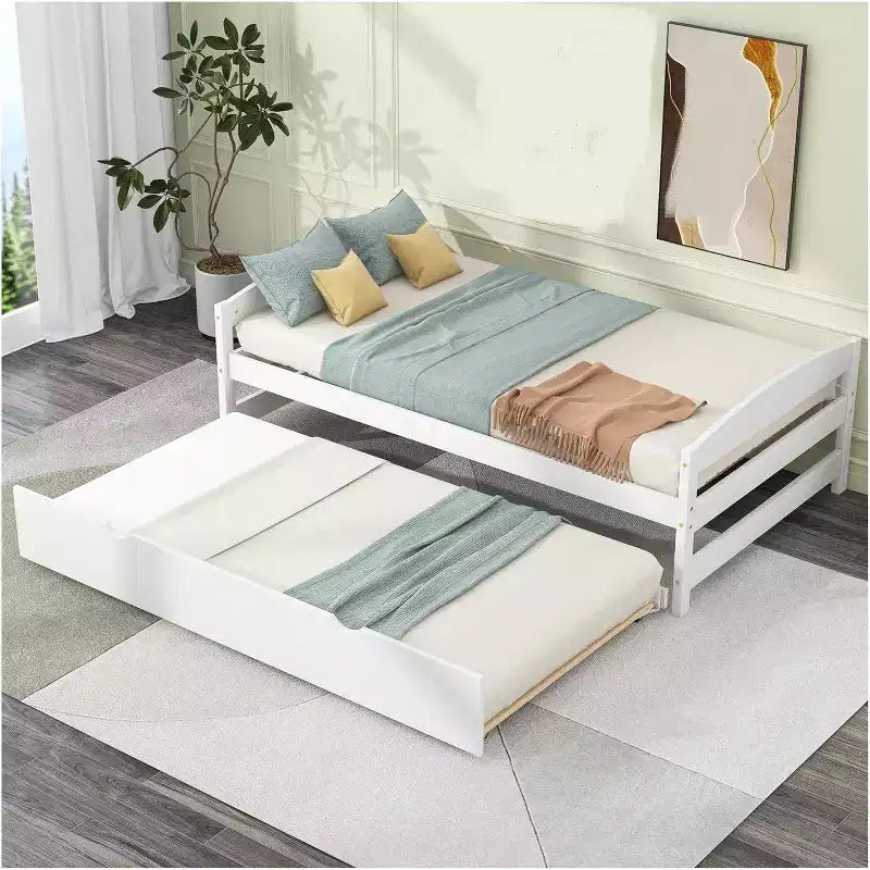 Lit de Repos en Bois avec Lit Gigogne, Lit Plateforme Jumeau, Cadre Gain de Place pour Enfants et Invités Blanc Taille Unique