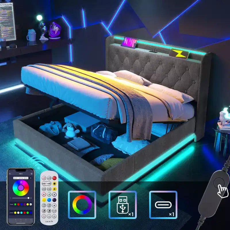 Bellemave Lit plateforme entièrement rembourré avec fonction LED à 360°, cadre de lit plateforme rembourré avec chargement USB Type-C, gris
