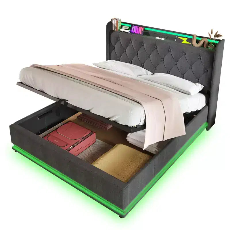 Bellemave Lit plateforme entièrement rembourré avec fonction LED à 360°, cadre de lit plateforme rembourré avec chargement USB Type-C, gris