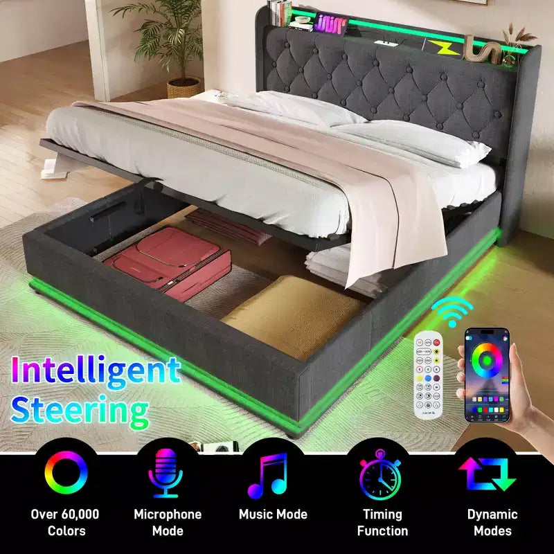 Bellemave Lit plateforme entièrement rembourré avec fonction LED à 360°, cadre de lit plateforme rembourré avec chargement USB Type-C, gris