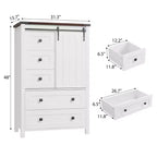Commode de ferme à 5 tiroirs avec porte coulissante de style grange, commode haute en bois de 122 cm avec étagère réglable pour chambre à coucher, entrée, salon - Blanc