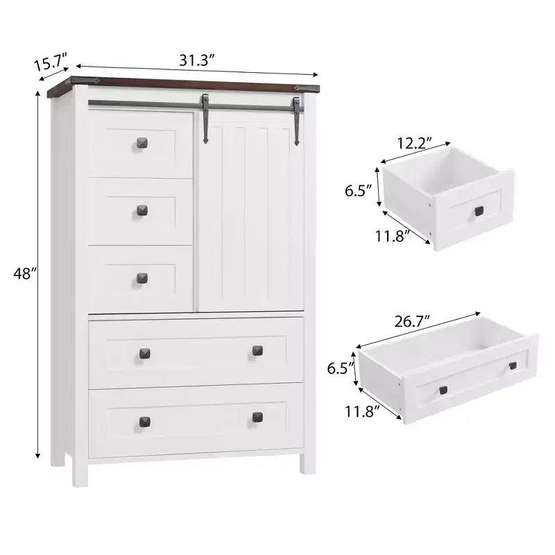 Commode de ferme à 5 tiroirs avec porte coulissante de style grange, commode haute en bois de 122 cm avec étagère réglable pour chambre à coucher, entrée, salon - Blanc