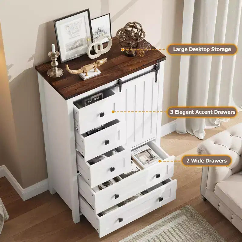 Commode de ferme à 5 tiroirs avec porte coulissante de style grange, commode haute en bois de 122 cm avec étagère réglable pour chambre à coucher, entrée, salon - Blanc