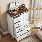 Commode de ferme à 5 tiroirs avec porte coulissante de style grange, commode haute en bois de 122 cm avec étagère réglable pour chambre à coucher, entrée, salon - Blanc