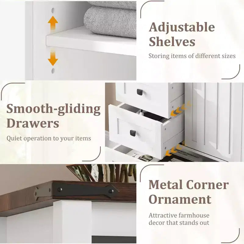 Commode de ferme à 5 tiroirs avec porte coulissante de style grange, commode haute en bois de 122 cm avec étagère réglable pour chambre à coucher, entrée, salon - Blanc