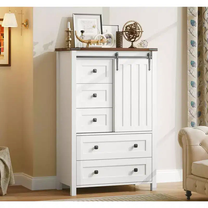 Commode de ferme à 5 tiroirs avec porte coulissante de style grange, commode haute en bois de 122 cm avec étagère réglable pour chambre à coucher, entrée, salon - Blanc