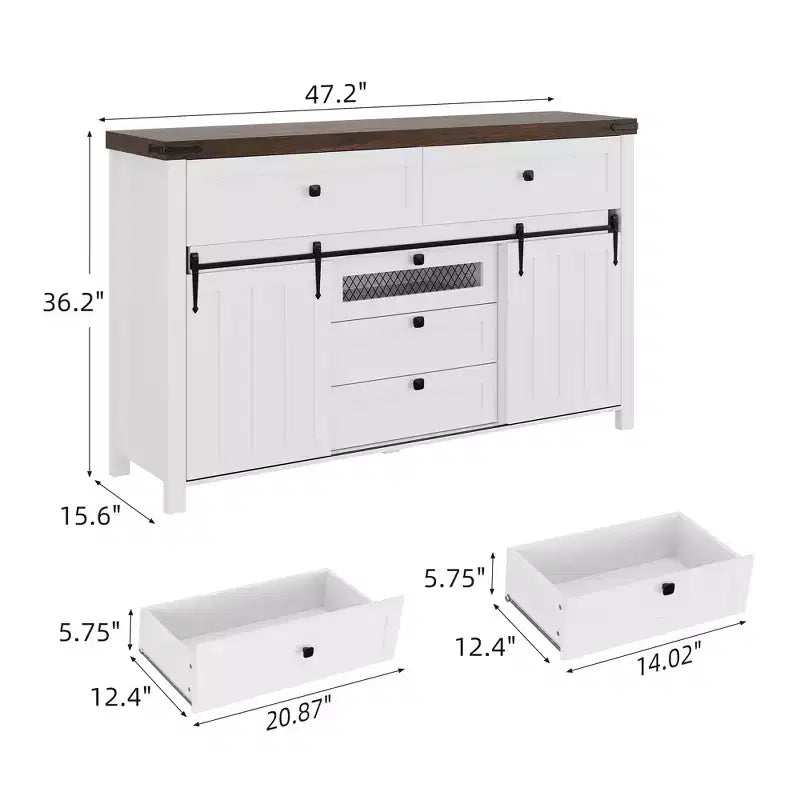 Commode de ferme à 5 tiroirs avec porte coulissante de style grange, commode haute en bois de 122 cm avec étagère réglable pour chambre à coucher, entrée, salon - Blanc