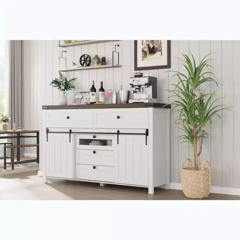 Commode de ferme à 5 tiroirs avec porte coulissante de style grange, commode haute en bois de 122 cm avec étagère réglable pour chambre à coucher, entrée, salon - Blanc