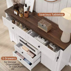 Commode de ferme à 5 tiroirs avec porte coulissante de style grange, commode haute en bois de 122 cm avec étagère réglable pour chambre à coucher, entrée, salon - Blanc