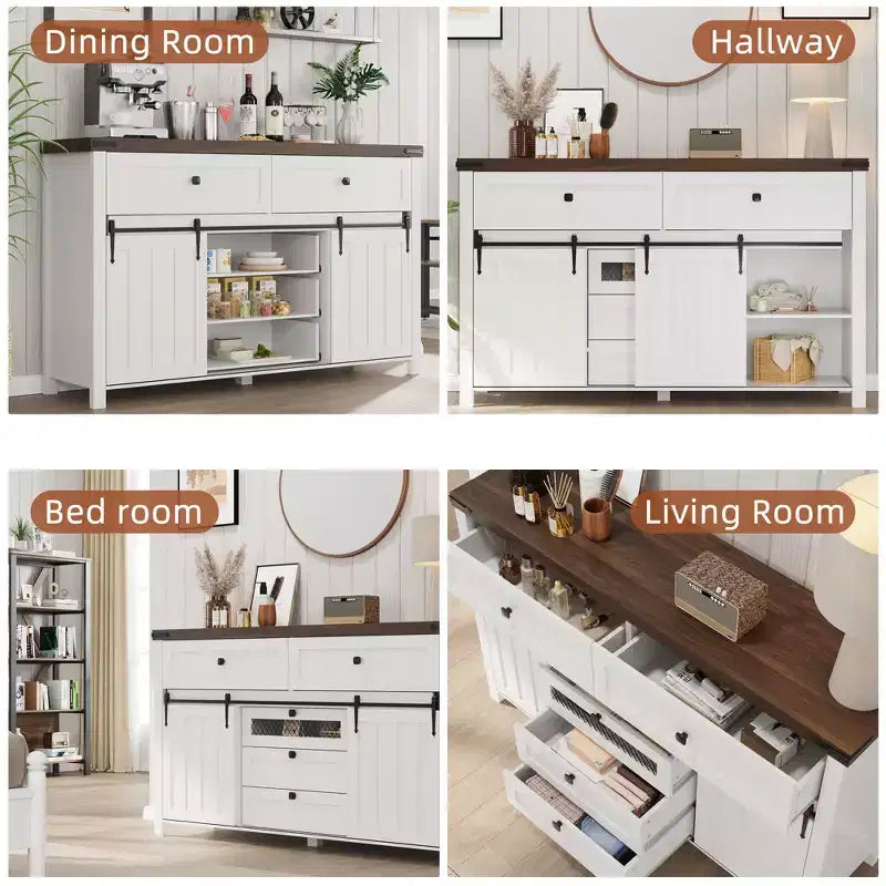 Commode de ferme à 5 tiroirs avec porte coulissante de style grange, commode haute en bois de 122 cm avec étagère réglable pour chambre à coucher, entrée, salon - Blanc