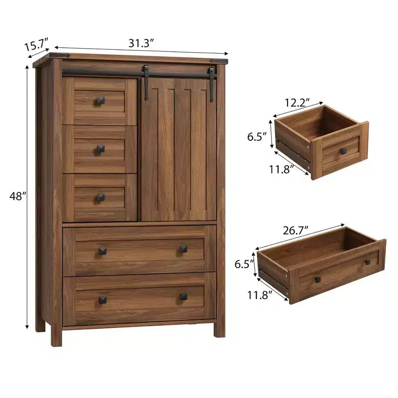 Commode de ferme à 5 tiroirs avec porte coulissante de style grange, commode haute en bois de 122 cm avec étagère réglable pour chambre à coucher, entrée, salon - Blanc