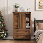 Commode de ferme à 5 tiroirs avec porte coulissante de style grange, commode haute en bois de 122 cm avec étagère réglable pour chambre à coucher, entrée, salon - Blanc