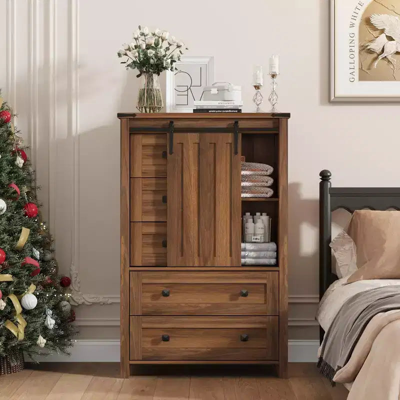 Commode de ferme à 5 tiroirs avec porte coulissante de style grange, commode haute en bois de 122 cm avec étagère réglable pour chambre à coucher, entrée, salon - Blanc