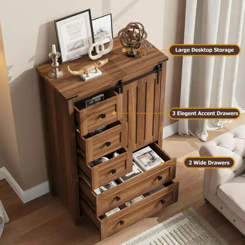 Commode de ferme à 5 tiroirs avec porte coulissante de style grange, commode haute en bois de 122 cm avec étagère réglable pour chambre à coucher, entrée, salon - Blanc