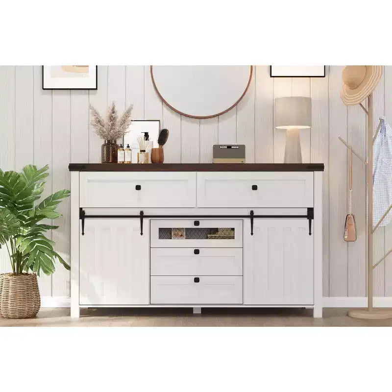 Commode de ferme à 5 tiroirs avec porte coulissante de style grange, commode haute en bois de 122 cm avec étagère réglable pour chambre à coucher, entrée, salon - Blanc