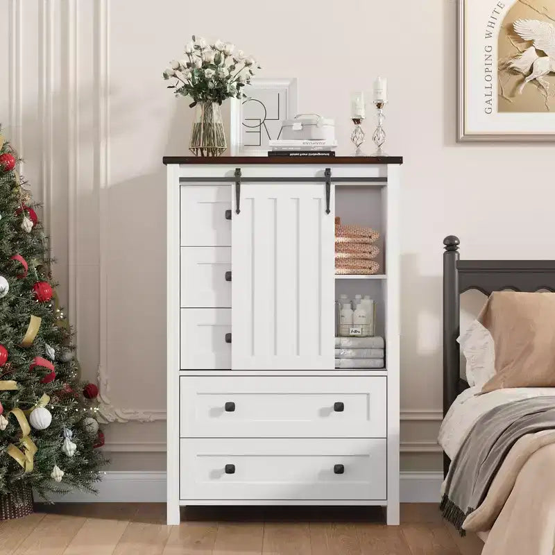 Commode de ferme à 5 tiroirs avec porte coulissante de style grange, commode haute en bois de 122 cm avec étagère réglable pour chambre à coucher, entrée, salon - Blanc