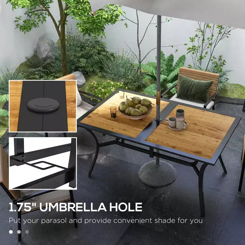 Table de patio rectangulaire avec trou pour parasol, table de salle à manger d'extérieur rectangulaire imitation bois pour 6 personnes pour jardin