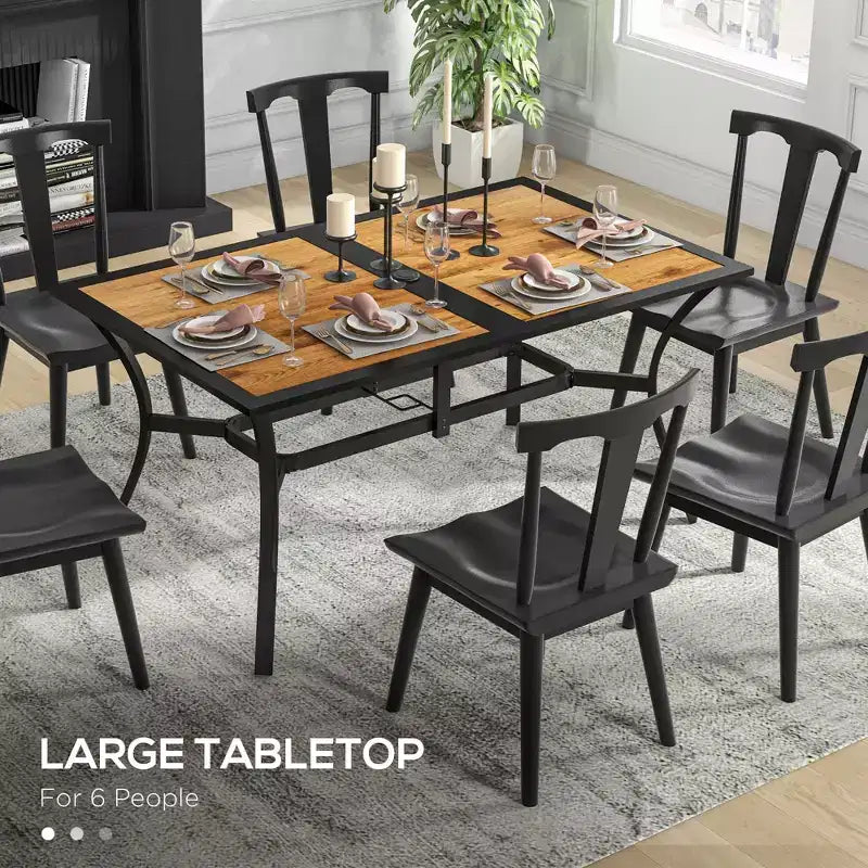 Table de patio rectangulaire avec trou pour parasol, table de salle à manger d'extérieur rectangulaire imitation bois pour 6 personnes pour jardin
