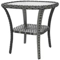 Outdoor Coffee Table with Storage Shelf, Hand-Woven Wicker Side Table with Water-Ripple Glass Top