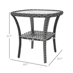 Table basse d'extérieur avec étagère de rangement, table d'appoint en osier tressé à la main avec plateau en verre à effet ondulé