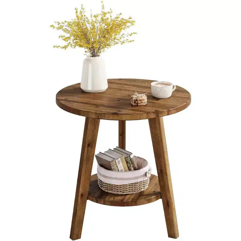 Table d'appoint ronde en bois massif Lantine, table de bout de ferme à 2 niveaux avec étagère de rangement, table de chevet pour salon, chambre, assemblage facile