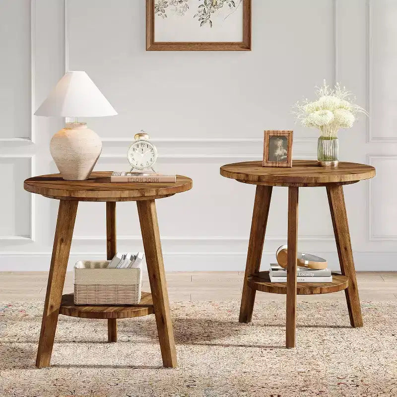 Table d'appoint ronde en bois massif Lantine, table de bout de ferme à 2 niveaux avec étagère de rangement, table de chevet pour salon, chambre, assemblage facile