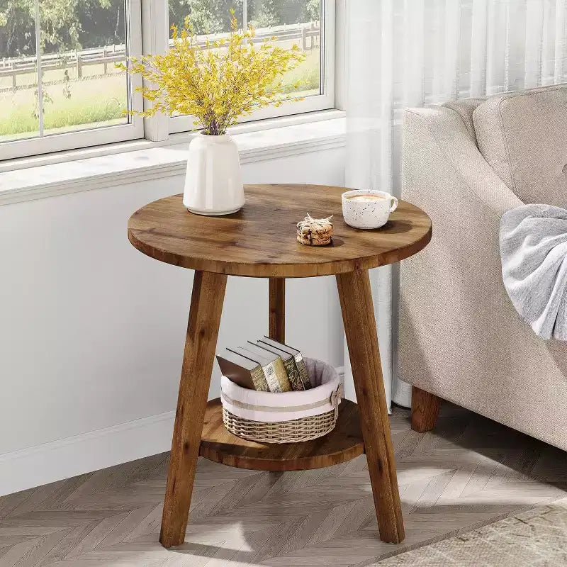 Table d'appoint ronde en bois massif Lantine, table de bout de ferme à 2 niveaux avec étagère de rangement, table de chevet pour salon, chambre, assemblage facile