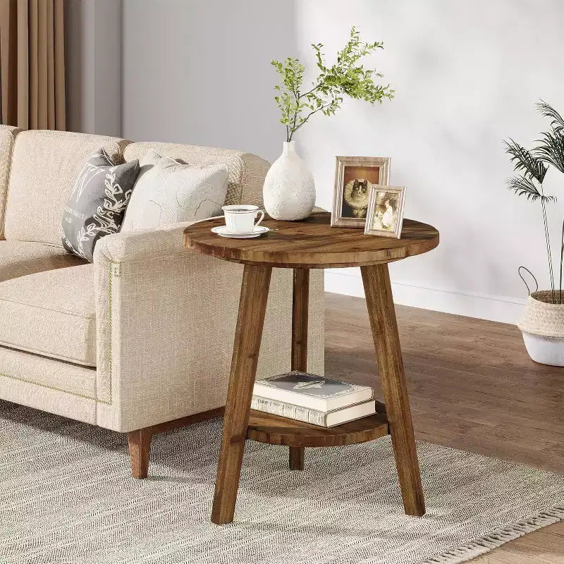 Table d'appoint ronde en bois massif Lantine, table de bout de ferme à 2 niveaux avec étagère de rangement, table de chevet pour salon, chambre, assemblage facile