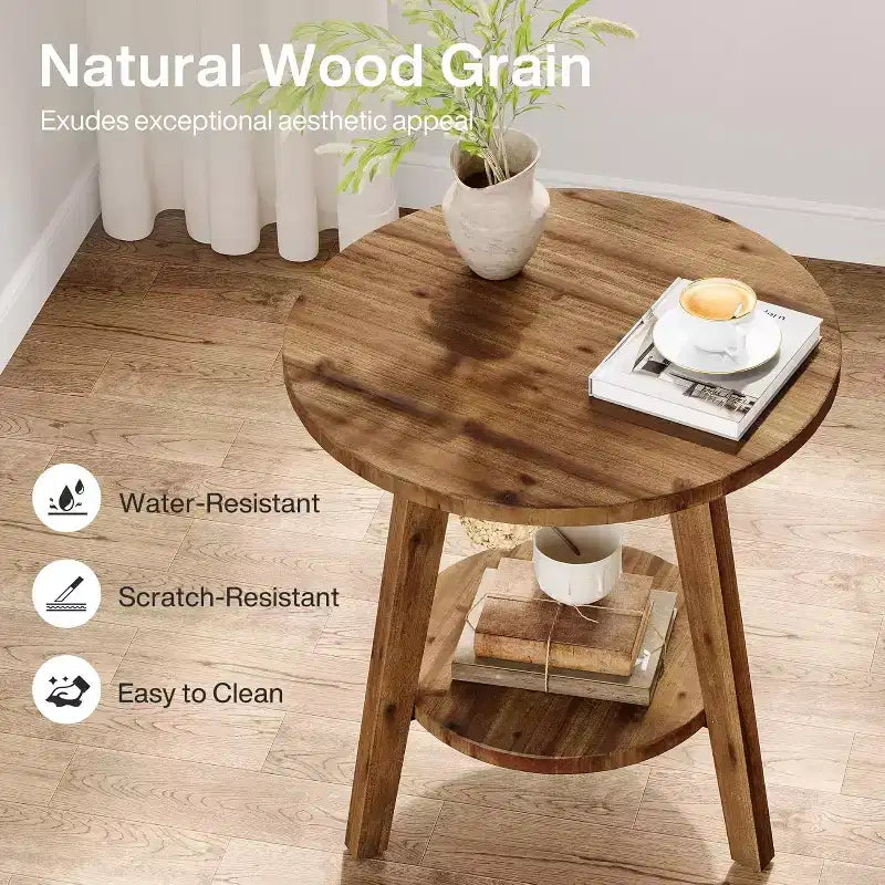Table d'appoint ronde en bois massif Lantine, table de bout de ferme à 2 niveaux avec étagère de rangement, table de chevet pour salon, chambre, assemblage facile