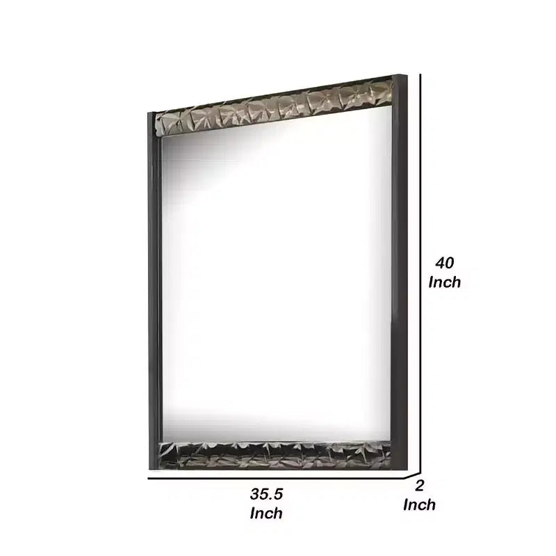 Miroir de commode Royal Hampton 36x40, rectangulaire, moulure géométrique chromée, gris cendre