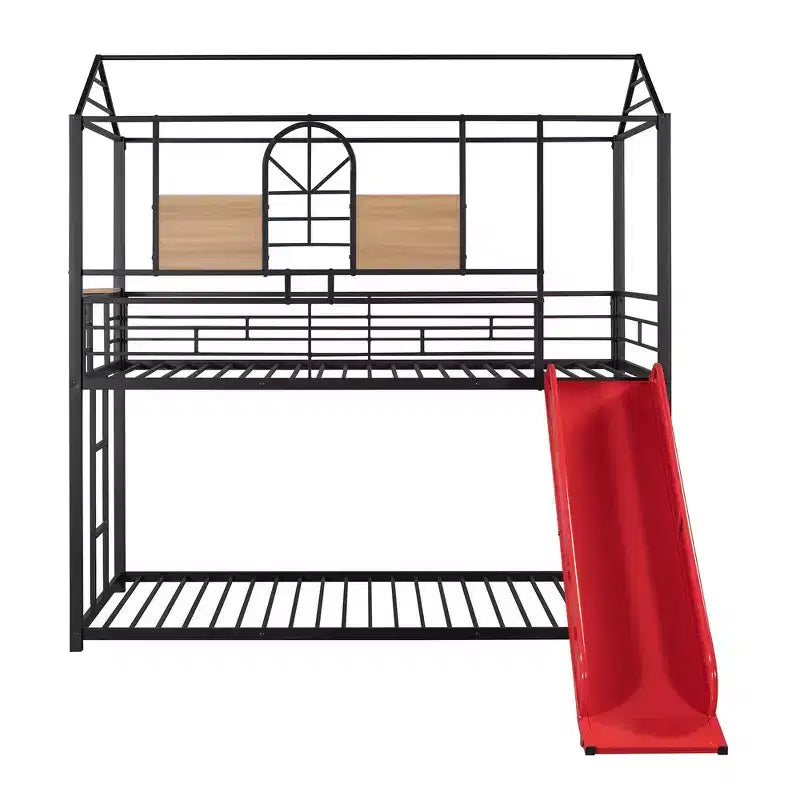 Lit superposé et cabane Whisen double sur double, cadre de lit en métal avec toboggan et barrière de sécurité