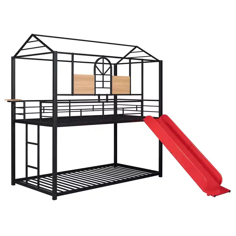 Lit superposé et cabane Whisen double sur double, cadre de lit en métal avec toboggan et barrière de sécurité