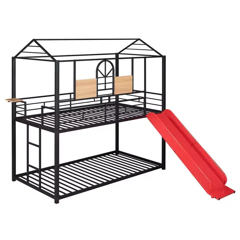 Lit superposé et cabane Whisen double sur double, cadre de lit en métal avec toboggan et barrière de sécurité