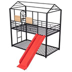 Lit superposé et cabane Whisen double sur double, cadre de lit en métal avec toboggan et barrière de sécurité