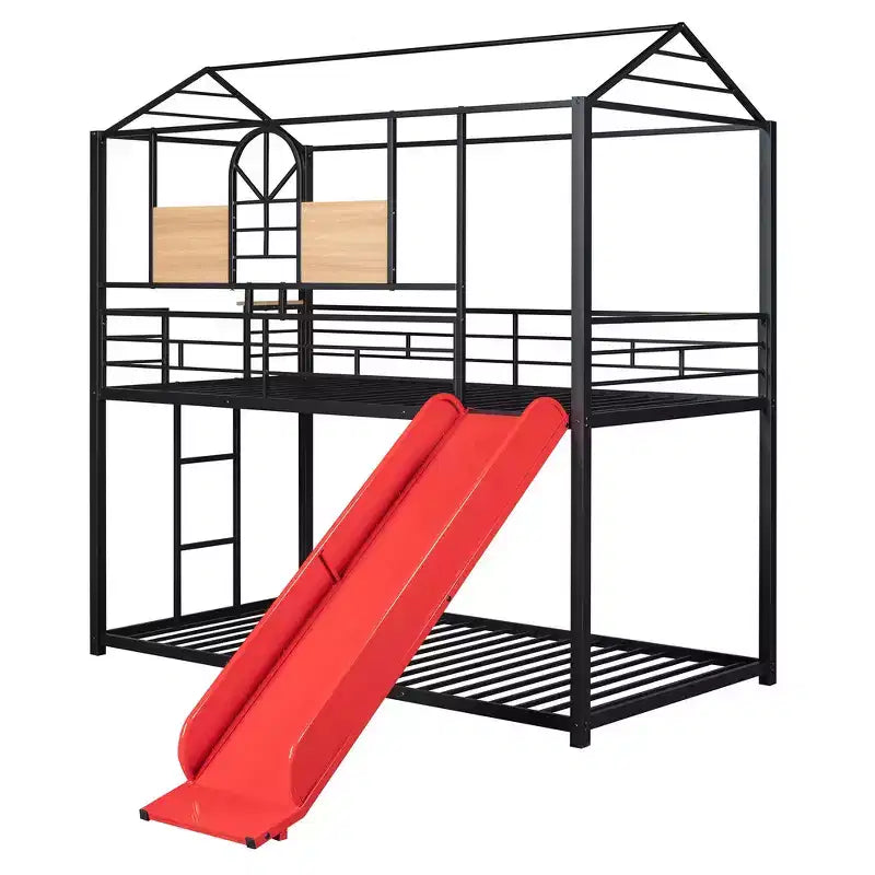 Lit superposé et cabane Whisen double sur double, cadre de lit en métal avec toboggan et barrière de sécurité