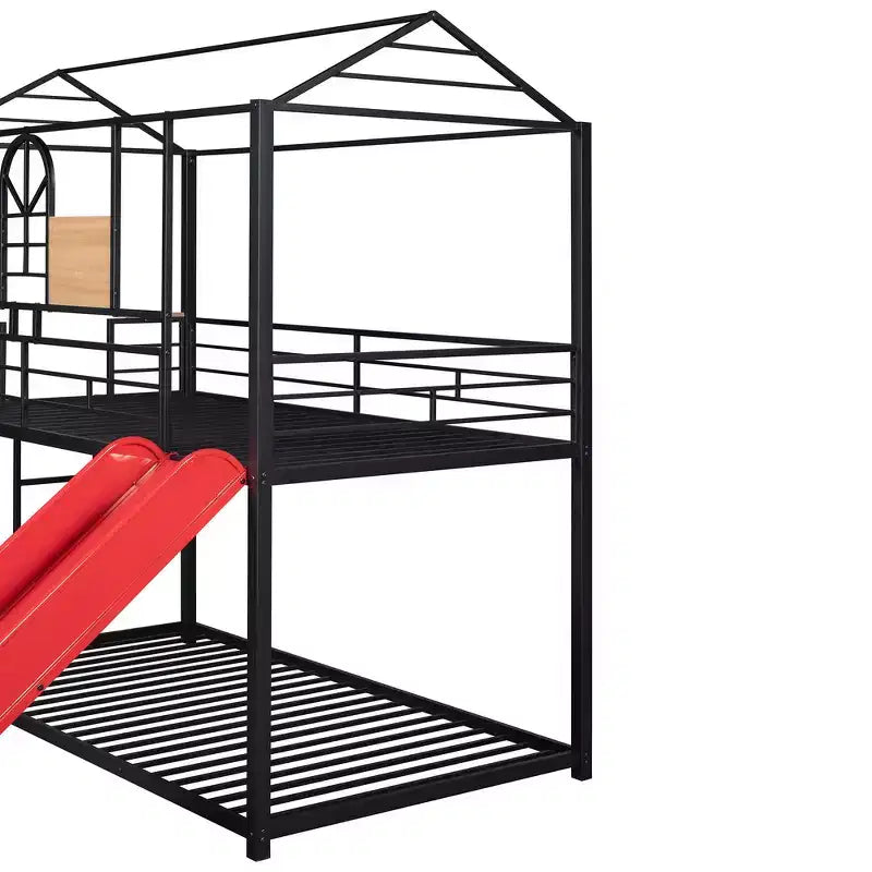 Lit superposé et cabane Whisen double sur double, cadre de lit en métal avec toboggan et barrière de sécurité