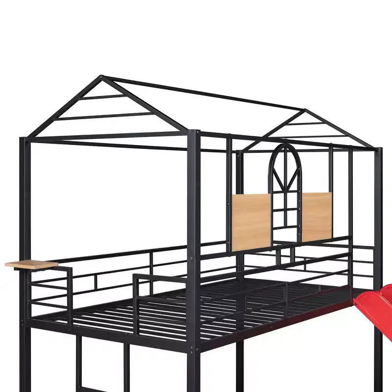 Lit superposé et cabane Whisen double sur double, cadre de lit en métal avec toboggan et barrière de sécurité