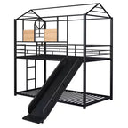 Lit superposé et cabane Whisen double sur double, cadre de lit en métal avec toboggan et barrière de sécurité