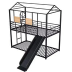 Lit superposé et cabane Whisen double sur double, cadre de lit en métal avec toboggan et barrière de sécurité
