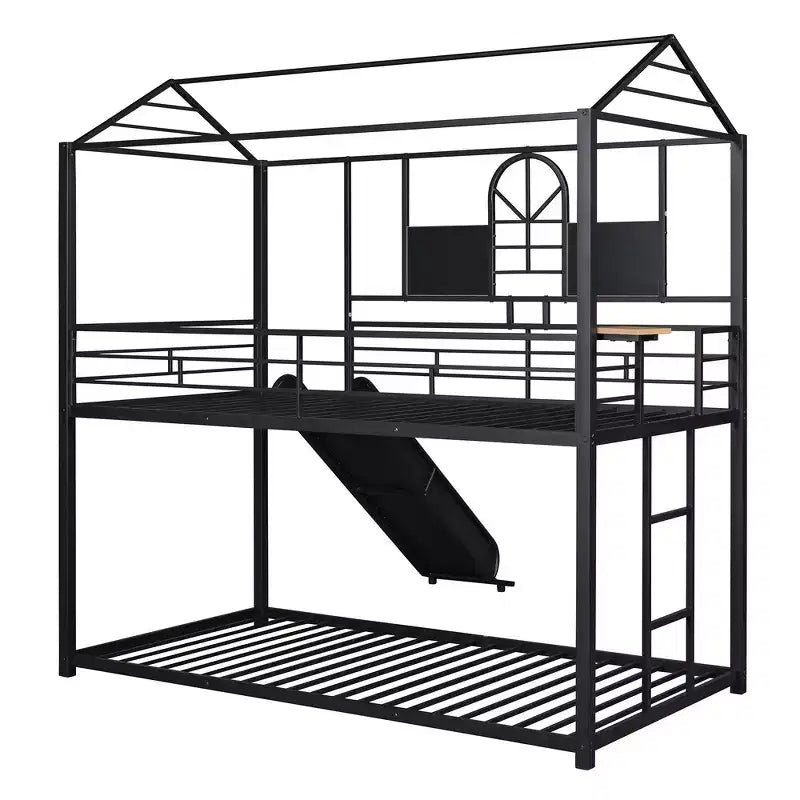 Lit superposé et cabane Whisen double sur double, cadre de lit en métal avec toboggan et barrière de sécurité