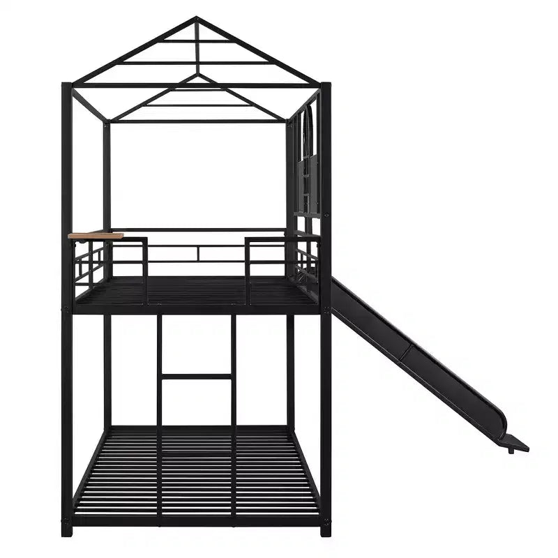 Lit superposé et cabane Whisen double sur double, cadre de lit en métal avec toboggan et barrière de sécurité