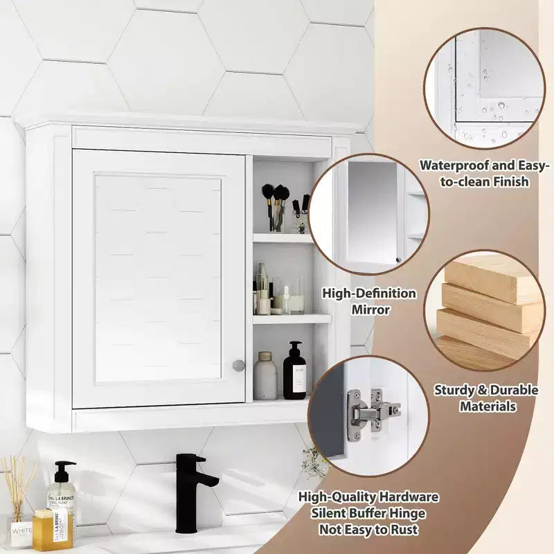 MAYEERTY Armoire à pharmacie 28, Armoire de rangement murale pour salle de bain avec miroir 3 étagères ouvertes Blanc moderne