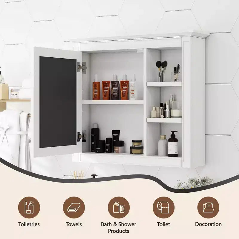 MAYEERTY Armoire à pharmacie 28, Armoire de rangement murale pour salle de bain avec miroir 3 étagères ouvertes Blanc moderne