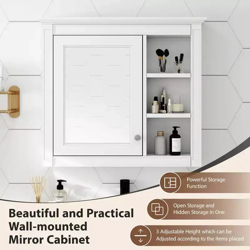 MAYEERTY Armoire à pharmacie 28, Armoire de rangement murale pour salle de bain avec miroir 3 étagères ouvertes Blanc moderne