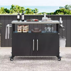Îlot de cuisine d'extérieur de 138,4 cm avec plateau en acier inoxydable, chariot de bar d'extérieur avec 4 roulettes verrouillables pour barbecue extérieur