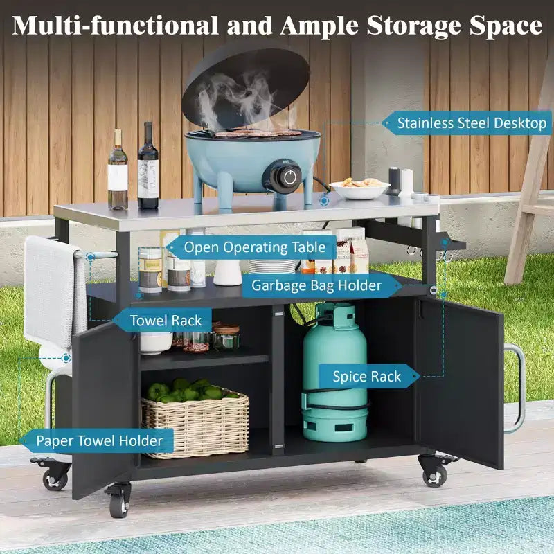 Îlot de cuisine d'extérieur de 138,4 cm avec plateau en acier inoxydable, chariot de bar d'extérieur avec 4 roulettes verrouillables pour barbecue extérieur