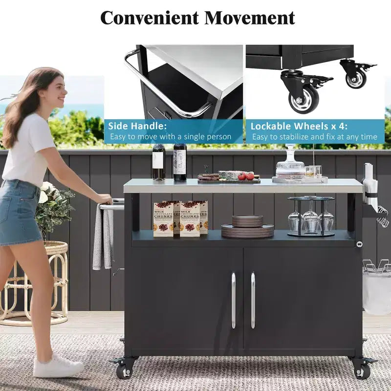 Îlot de cuisine d'extérieur de 138,4 cm avec plateau en acier inoxydable, chariot de bar d'extérieur avec 4 roulettes verrouillables pour barbecue extérieur