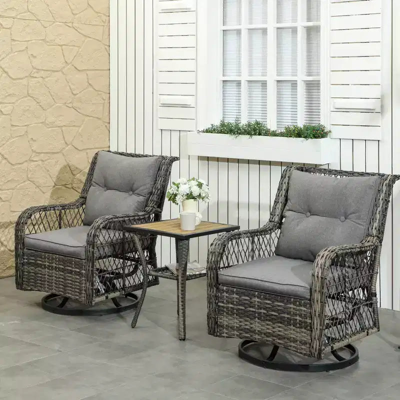 Ensemble bistro 3 pièces d'extérieur, petit salon de jardin en osier avec fauteuils pivotants à bascule pour balcon, porche
