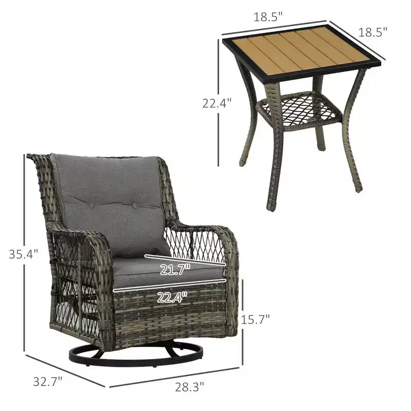 Ensemble bistro 3 pièces d'extérieur, petit salon de jardin en osier avec fauteuils pivotants à bascule pour balcon, porche