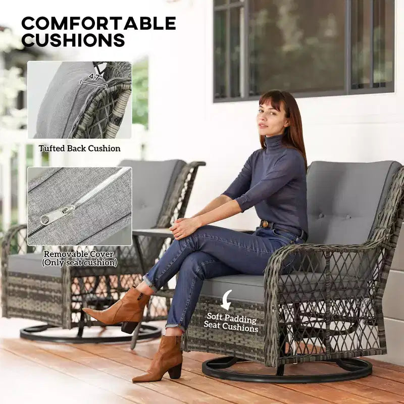 Ensemble bistro 3 pièces d'extérieur, petit salon de jardin en osier avec fauteuils pivotants à bascule pour balcon, porche